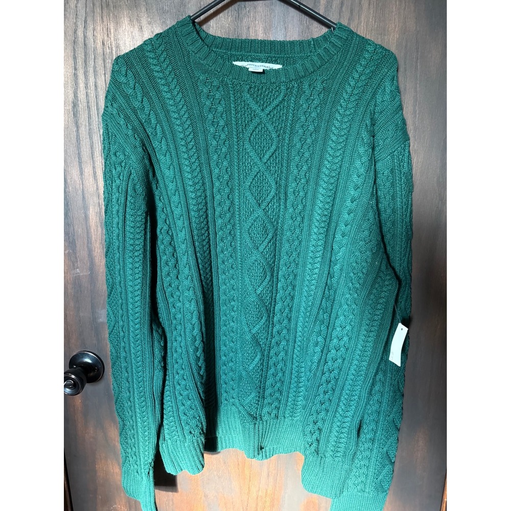 Amazon Essentials Mens Fisherman Cable Knit Crew Sweater Dark Green Large NWT